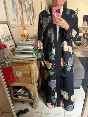 H&M Black Longline Kimono - Elegant Oriental Floral Print Maxi